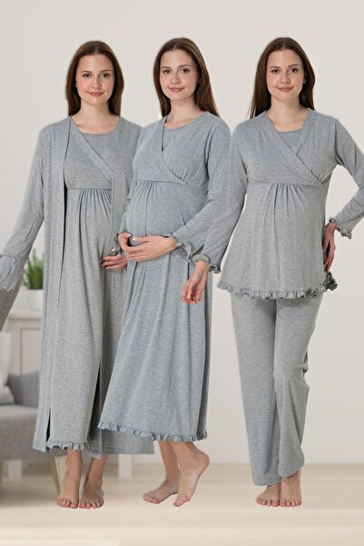 Pelin Kadın Gri Lohusa Hamile Emzirme Özellikli Gecelik Sabahlık Pijama 4'lü Set
