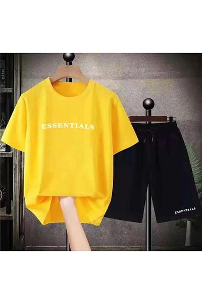 MANCY Yellow Essentials Printed Oversize Crew Neck Shorts T-Shirt Bottom Top Summer Set