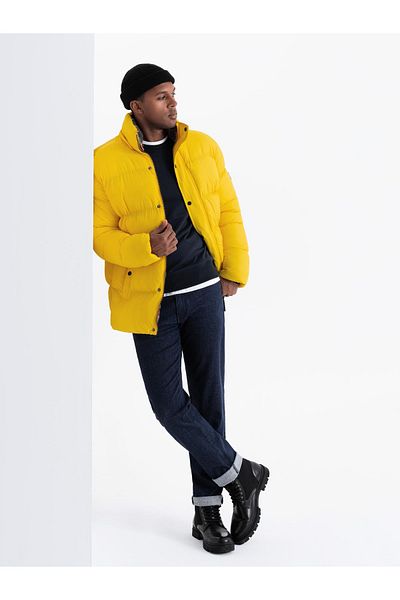 OMBRE Ανδρικό puffer jacket με φόδρα καρέ - κίτρινο V3 OM-JAHP-0205 XL