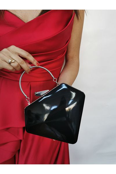 NAZART Γυναικείο λουστρίνι μαύρο βραδινό φόρεμα Clutch Portfolio Chain Strap Hand Wedding Engagement Night Shoulder Bag