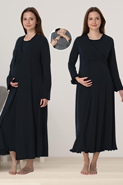 Pelin Kadın Siyah Lohusa Hamile Emzirme Özellikli Gecelik Sabahlık Set