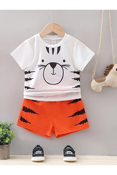 MANCY طقم شورت تي شيرت صيفي للأطفال مطبوع عليه دمية دب بتفاصيل مخالب
