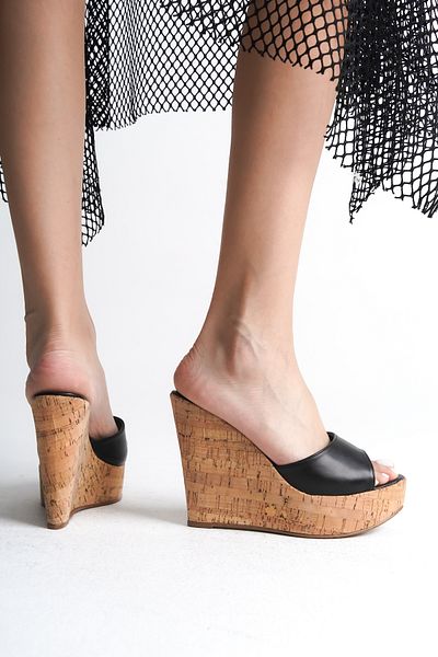 Ayakkabı Ateşi Black Cork Wedge Women's Heeled Slippers - Adoles