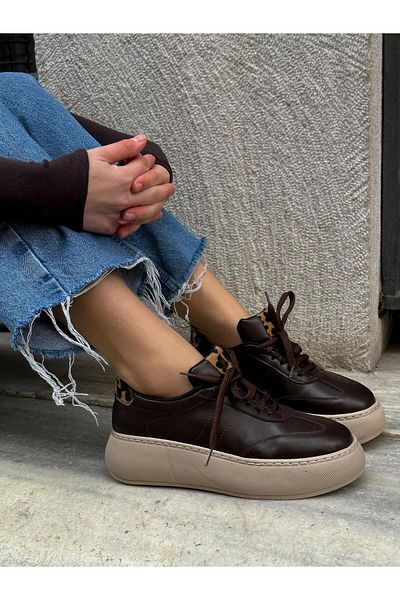 ERVANIN BUTİĞİ Brown Skin (Leoy) Leopard Lace-Up Women's Sneakers