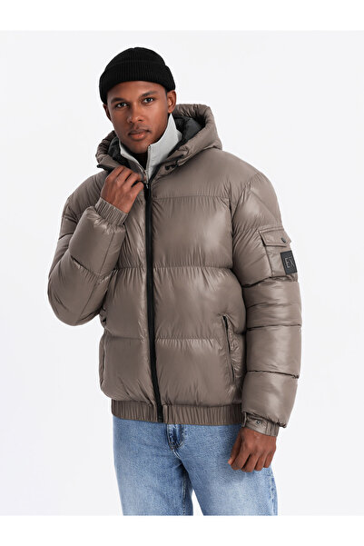OMBRE Ζεστό ανδρικό puffer jacket με βελονιές - σκούρο μπεζ V3 OM-JAHP-0207 XXL
