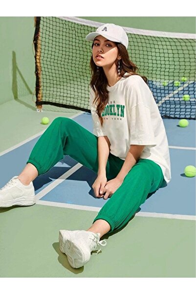 NoVibe Set de vară tricou cu trening verde cu imprimeu Brooklyn pentru femei de mărime mare
