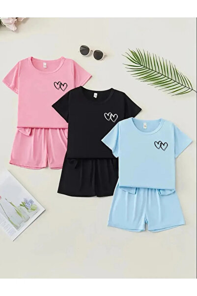 NoVibe Set de 3 piese cu imprimeu inimă pentru copii, cu pantaloni scurți