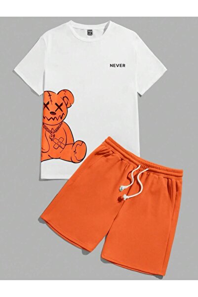 MANCY Children's Teddy Bear Printed Top and Bottom Set Cotton Shorts T-Shirt Set