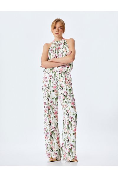 Koton Pleat Detailed High Waist Viscose Floral Palazzo Satin Pants