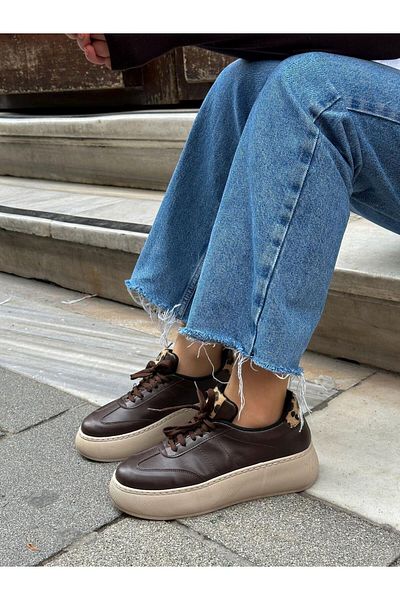ERVANIN BUTİĞİ Brown Skin (Leoy) Leopard Lace-Up Women's Sneakers