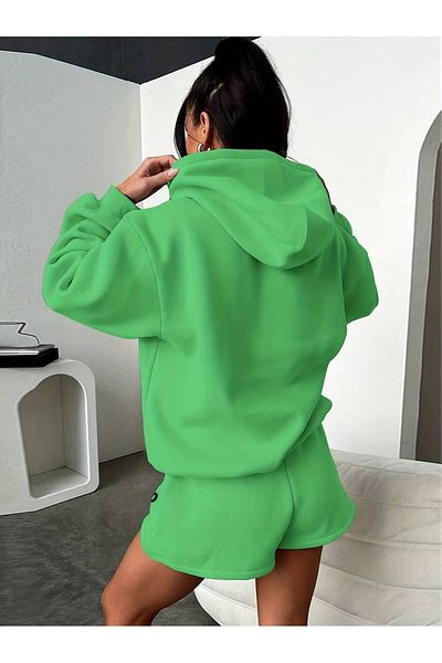 MANCY Women's Plus Size Thatsoo Printed Oversize 3 Thread Hooded Sweatshirt Shorts Set