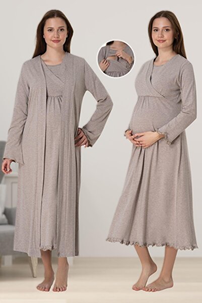 Pelin Kadın Bej Lohusa Hamile Emzirme Özellikli Gecelik Sabahlık Set