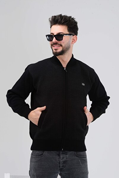 HEDEFNUR TEKSTİL Tricotaj pentru bărbați de vârstă mijlocie și bărbați de culoare neagră, cu căptușeală interioară din acril, cu fermoar, cardigan de iarnă pentru tată