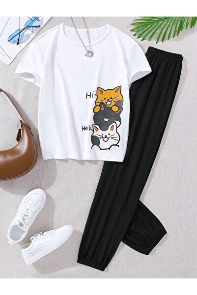 MANCY Copii Hi Cats Printed Bottom-Top Set Trening din bumbac Set tricou