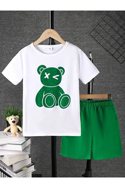 NoVibe Детски комплект от долна и горна част на плюшено мече, памучни шорти и...