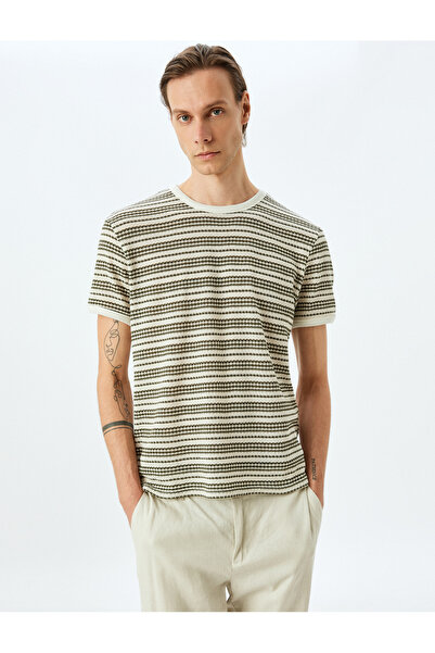 Koton Crew Neck Short Sleeve Cotton Blend Khaki Men's T-Shirt 5Sam10064Hk