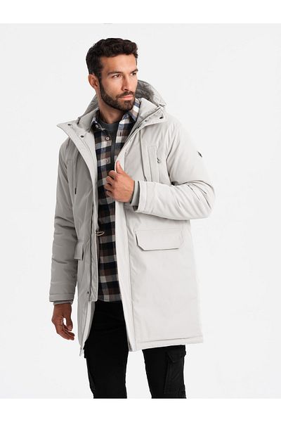 OMBRE Μακρύ κλασικό ανδρικό μπουφάν parka - κρεμ V1 OM-JALJ-0166 XXL