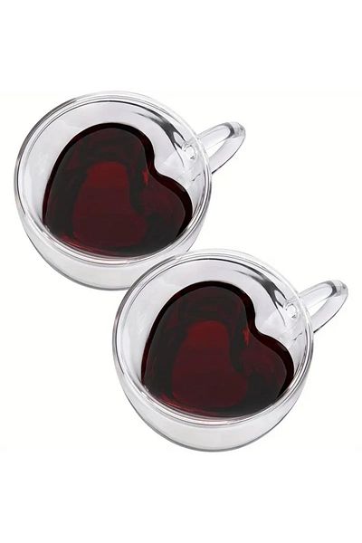 bimbambom 250ml Hearted Glass Mug - Double Glazed, Double Walled, Thermal Insulated, Double Layer Home Office Cup
