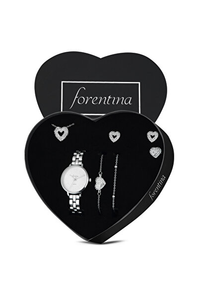 Forentina Gümüş Kaplama Kalpli Kolye Küpe Bileklik Yüzük Saat Hediye Takı Set...