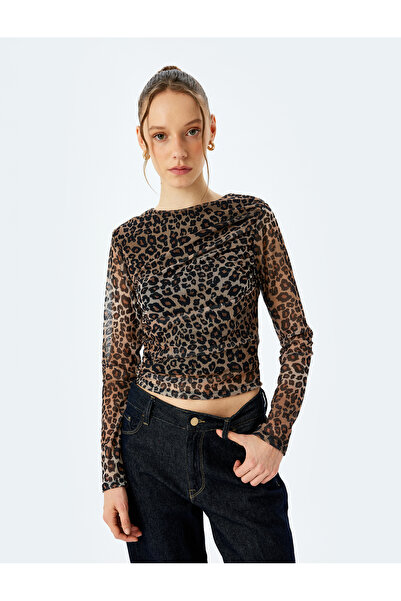 Koton Tylové tričko s dlouhým rukávem a výstřihem s leopardím závěsem