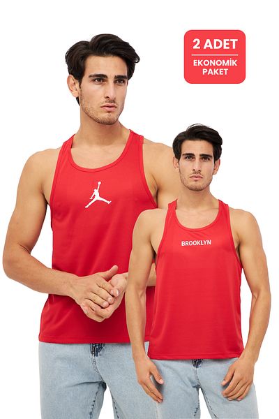 Moda Işık Men's Red Athlete Undershirt - Economical Pack of 2, Printed Gym Undershirt