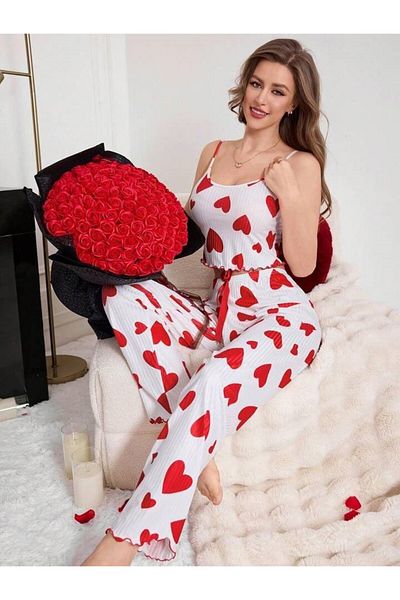 CSR HOMEWEAR Κόκκινη Καρδιά Crop Παντελόνι Ζαρτιέρες Πιτζάμα - LOVE