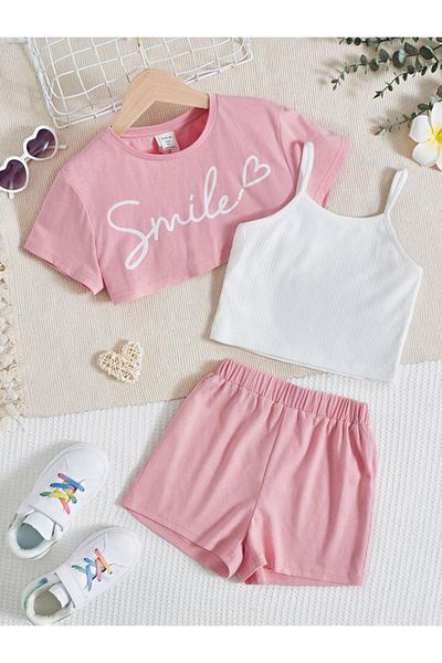 NoVibe Children's Smile Printed Crop T-Shirt, Strappy Crop and Shorts Bottom Top Set