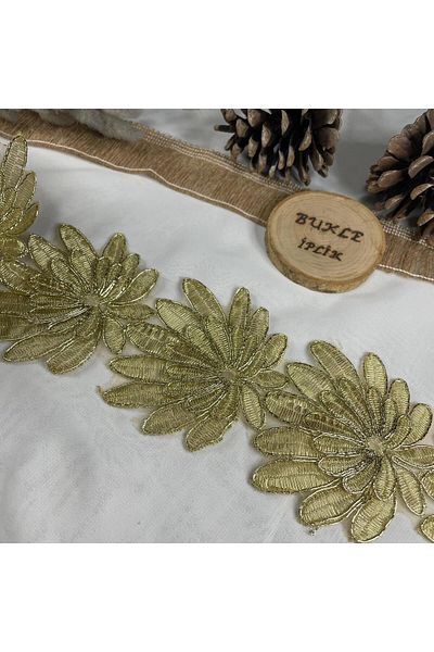 Bukle İplik Gold Gilt Detailed Palm Motif Guipure Strip - 4.5 cm Diameter, 1 Meter