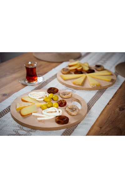 Zevahir Mobilya Dekorasyon Wooden Perforated Round Presentation and Cutting Board, Vegetable, Fruit and Cookie Plate for Breakfast and Serving