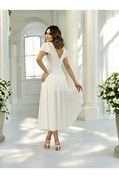 FaBe Fashion KAYIK YAKA KOLLARI VOLANLI SIRTI V MİDİ KREP ELBİSE Nikah-nişan-söz-mezuniyet
