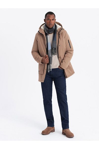 OMBRE Ανδρικό μακρύ μπουφάν parka sherpa - μπεζ V1 OM-JALJ-0181 XXL