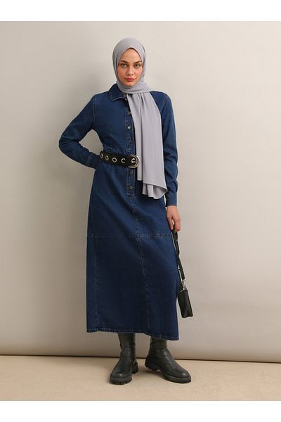Refka Μπλε Navy Refka Τζιν Hijab Φόρεμα - Λεπτομέρεια με κουμπιά και ζώνη