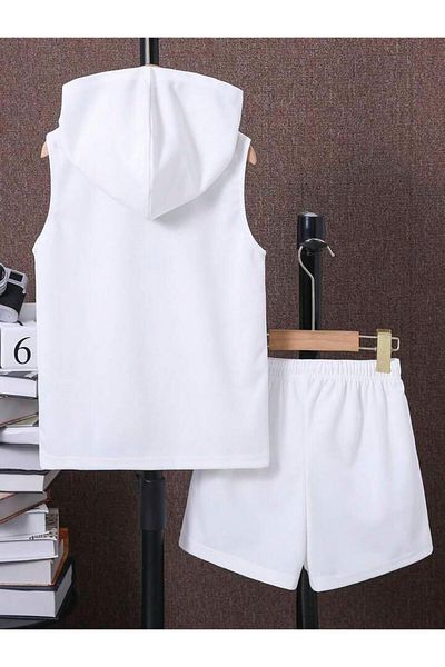 MANCY Unisex Label Printed Sleeveless Hooded T-Shirt and Shorts Top and Bottom Set