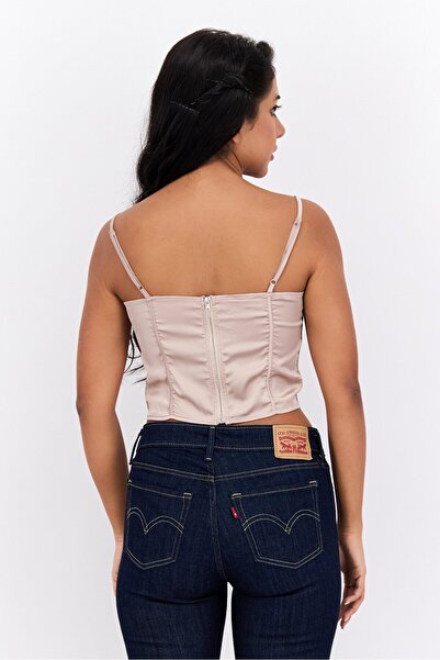 Parisian Women Square Neck Sleeveless Textured Tank Top, Tan