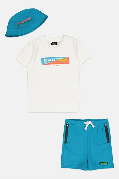 NAUTICA COMPETITION Toddlers Boy 3 Pieces Brand Logo T-Shirt And Short With Bucket Hat Set, White