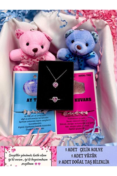 Le Manolia Accessories SEVGİLİLER GÜNÜ AYICIKLI DOĞAL TAŞLI ÇELİK PEMBE KALP ...