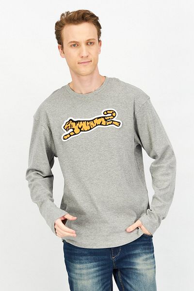 Le tigre Men Crew Neck Long Sleeve Brand Logo Sweatshirt, Grey