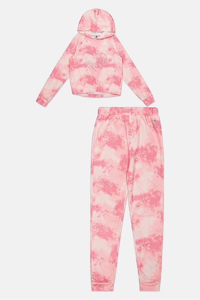 Body Glove Kids Girl 2 Piece Tie Dye Hooded Sweatshirt With Pant Set, Pink