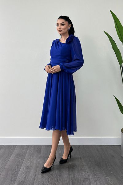 giyimmasalı Saks Blue Midi Chiffon Dress - Rose Detail
