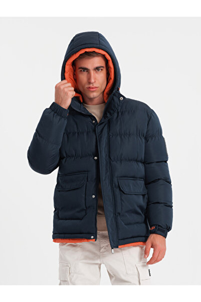 OMBRE Teplá pánská sportovní bunda s dvojitou kapucí - tmavě modrá V2 OM-JAHP-0208 L