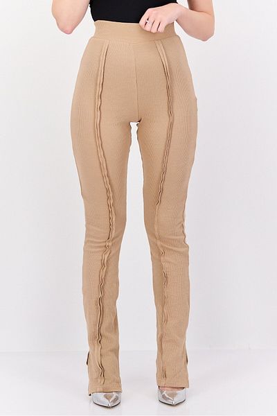 Public Desire Women Regular Fit Flare Leg Plain Ribbed Pants, Tan