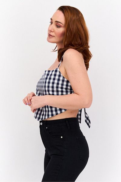 Pepe Jeans Women Square Neck Sleeveless Checkered Tank Top, White Combo