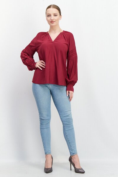 Esprit Women V-neck Long Sleeve Plain Blouse, Burgundy