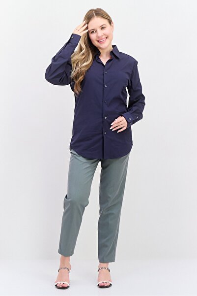 THEORY Women Pointed Collar Long Sleeve Solid Shirt, Navy