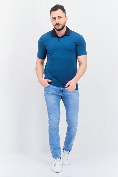 Kenneth Cole Men Regular Fit Textured Short Sleeves Polo Shirt, Teal Blue