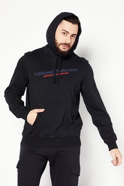 Diesel Men Hood With Drawstring Long Sleeve Brand Logo Sweatshirt, Black