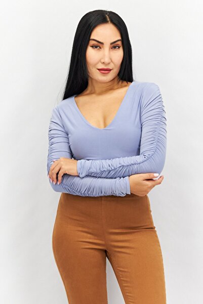 Missguided Women V Neck Long Sleeve Solid Top, Blue