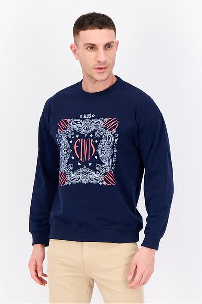 Elvis Men Crew Neck Long Sleeves Graphic Printed Sweatshirt, Navy Combo