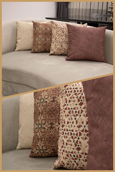 ASDİVA Set of 2 Throw Pillow Covers Ethnic Patterned and Velvety Burgundy 43X43 cm