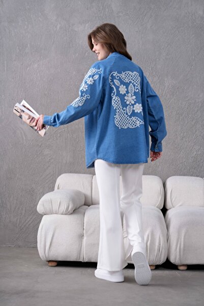 Generic Brand Women's Back and Sleeves Embroidered Pearl Detail Denim Kimono ...